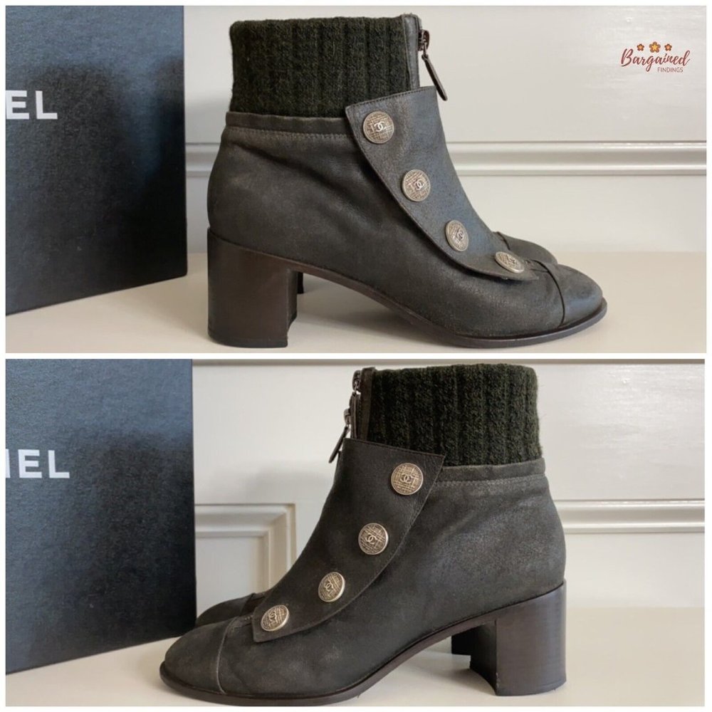 Authentic CHANEL Charcoal Distressed Leather Tweed CC Buttons Ankle Boots 10.5 - Picture 12 of 15